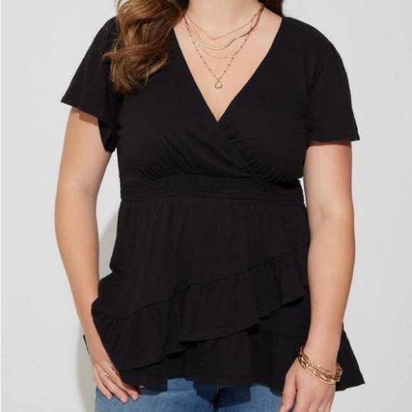 Women’s Torrid 0 Black Wrap Surplice Tiered Ruffle Top L XL 12 - Picture 4 of 14